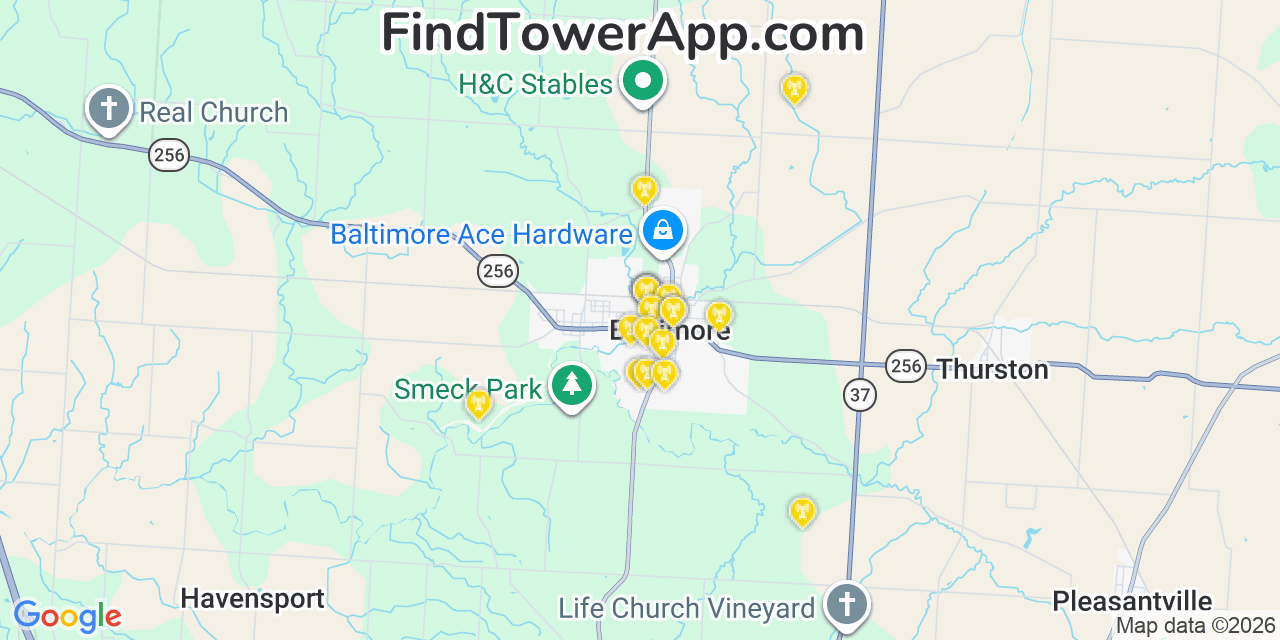 Map showing the 20 primary cell tower locations detected in Baltimore, Ohio from AT&T, Verizon, and T-Mobile networks