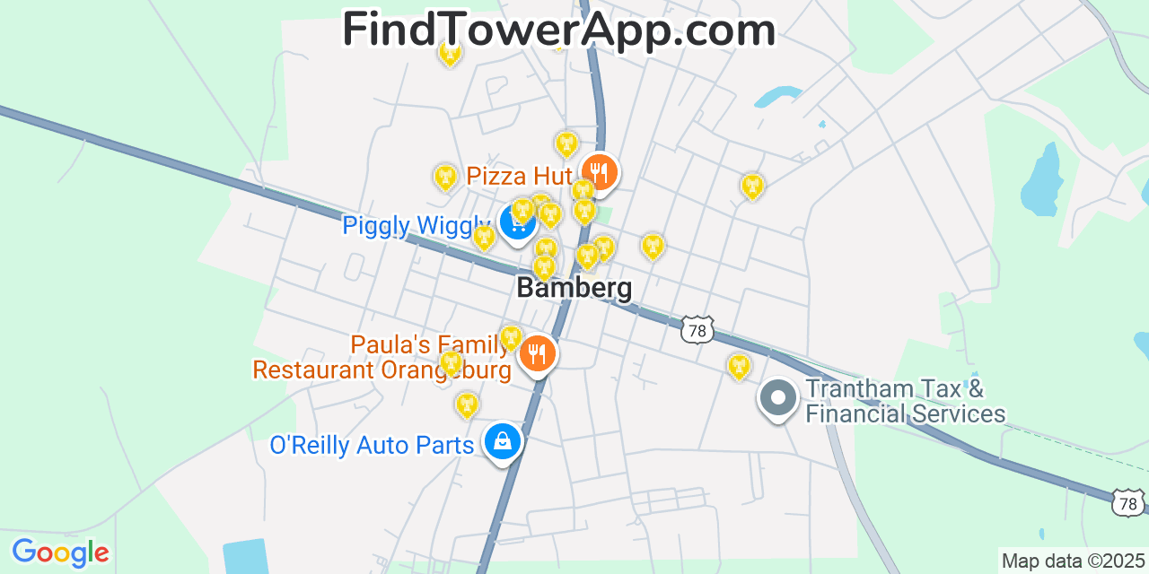 Map showing the 20 primary cell tower locations detected in Bamberg, South Carolina from AT&T, Verizon, and T-Mobile networks