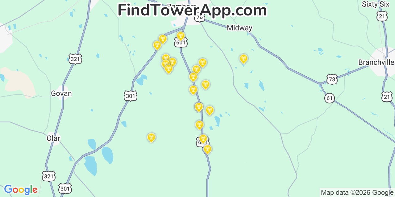 Map showing the 20 primary cell tower locations detected in Bamberg, South Carolina from AT&T, Verizon, and T-Mobile networks