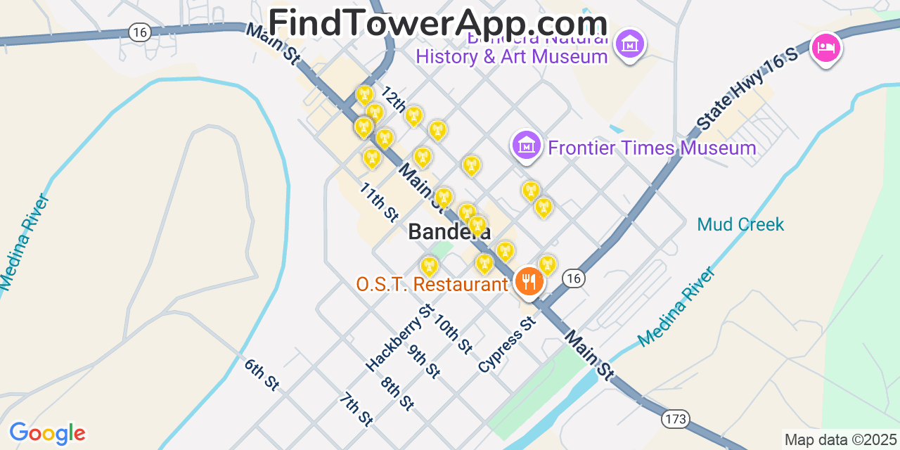 Map showing the 20 primary cell tower locations detected in Bandera, Texas from AT&T, Verizon, and T-Mobile networks
