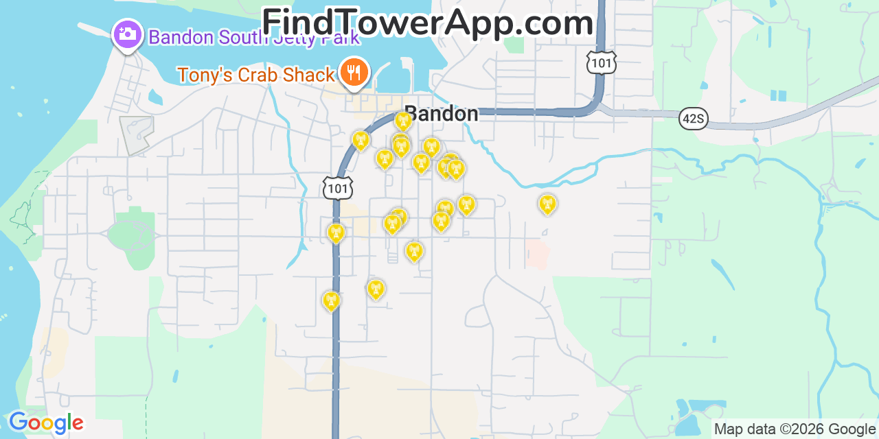Map showing the 20 primary cell tower locations detected in Bandon, Oregon from AT&T, Verizon, and T-Mobile networks