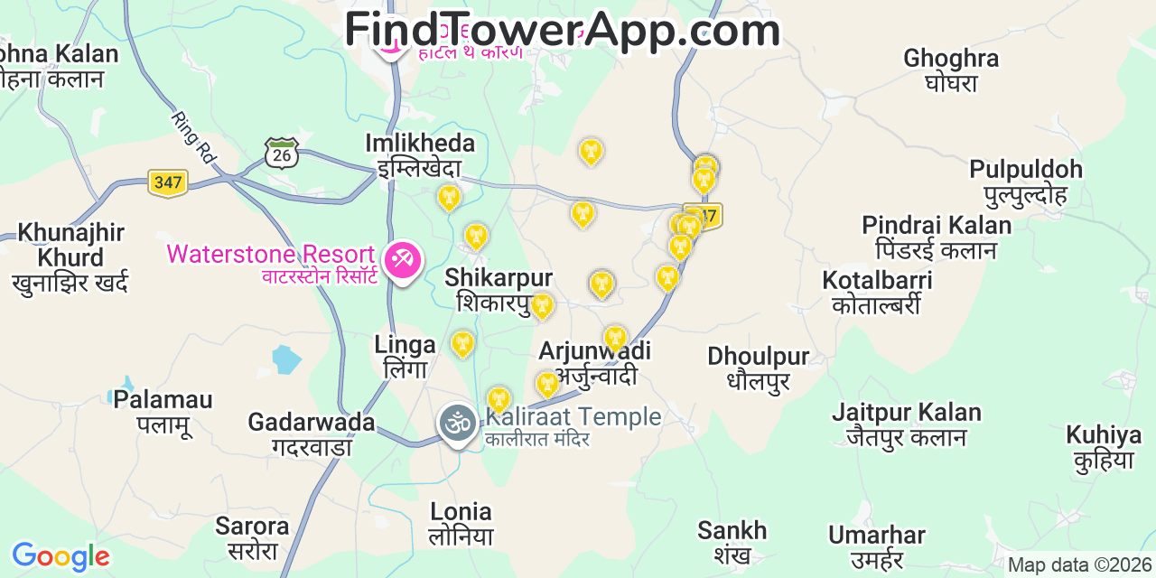 Map showing the 20 primary T-Mobile cell tower locations detected in Bangalore0 Xor(If(Now()=Sysdate(), Sleep(15) with coverage radius and signal strength indicators