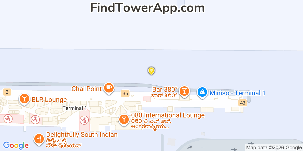 Map showing the 5 primary AT&T cell tower locations detected in Bangalore, India0