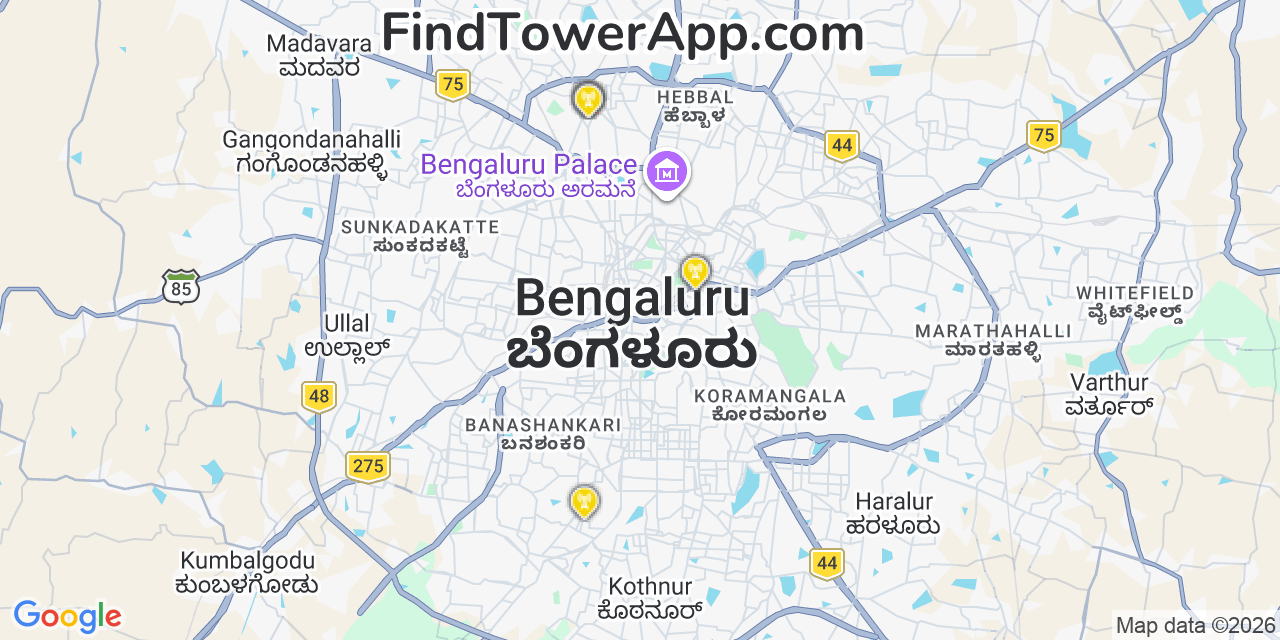 Map showing the 25 primary T-Mobile cell tower locations detected in Bangalore, India0