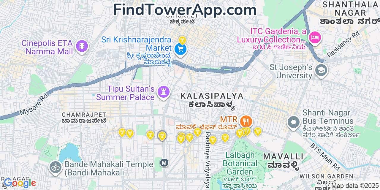 Map showing the 20 primary cell tower locations detected in Bangalore, India with coverage areas and signal strength