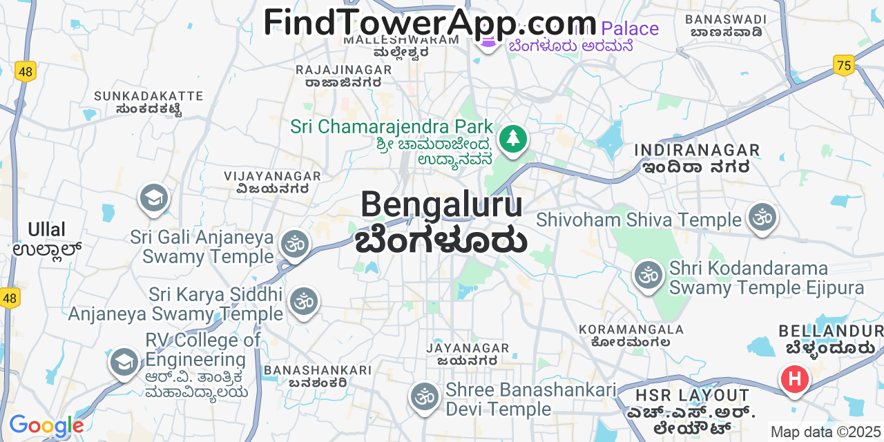 Map showing the 0 primary Rajasthan cell tower locations detected in Bangalore, India with coverage radius and signal strength indicators