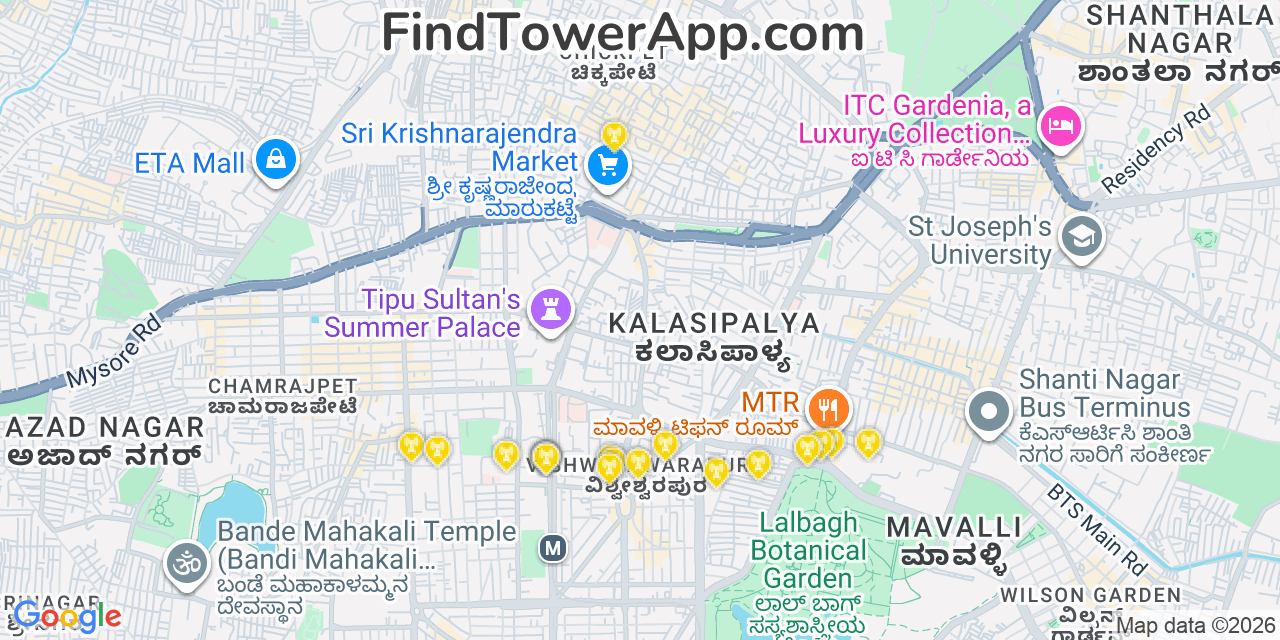 Map showing the 20 primary cell tower locations detected in Bangalore, @@Pkbfz from AT&T, Verizon, and T-Mobile networks