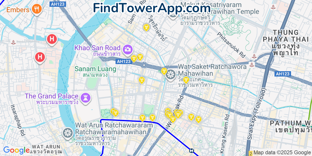 Map showing the 20 primary cell tower locations detected in Bangkok, Thailand with coverage areas and signal strength