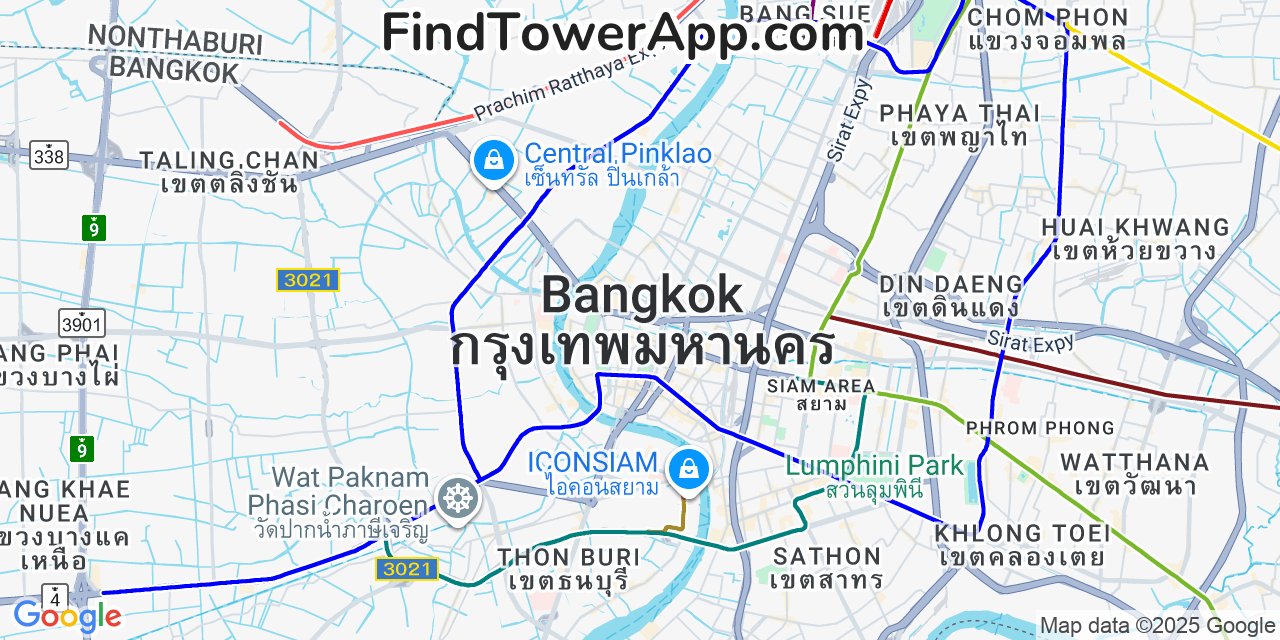 Map showing the 0 primary True cell tower locations detected in Bangkok, Thailand with coverage radius and signal strength indicators