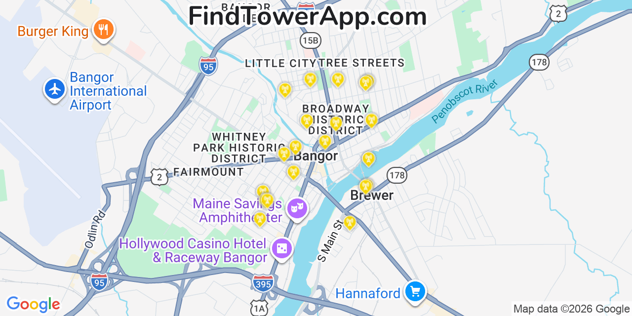 Map showing the 20 primary cell tower locations detected in Bangor, Maine from AT&T, Verizon, and T-Mobile networks