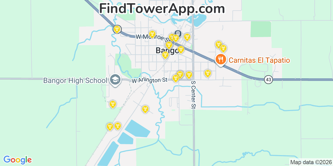 Map showing the 20 primary cell tower locations detected in Bangor, Michigan from AT&T, Verizon, and T-Mobile networks