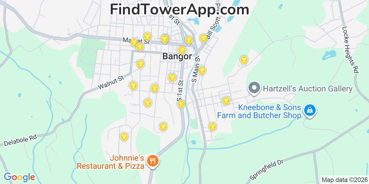 Map showing the 20 primary cell tower locations detected in Bangor, Pennsylvania from AT&T, Verizon, and T-Mobile networks