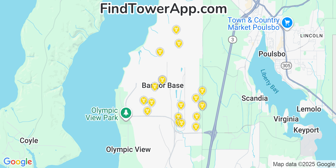 Map showing the 20 primary cell tower locations detected in Bangor Trident Base, Washington from AT&T, Verizon, and T-Mobile networks