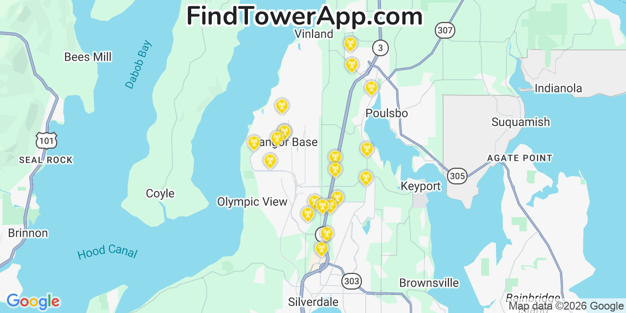Map showing the 20 primary cell tower locations detected in Bangor Trident Base, Washington from AT&T, Verizon, and T-Mobile networks