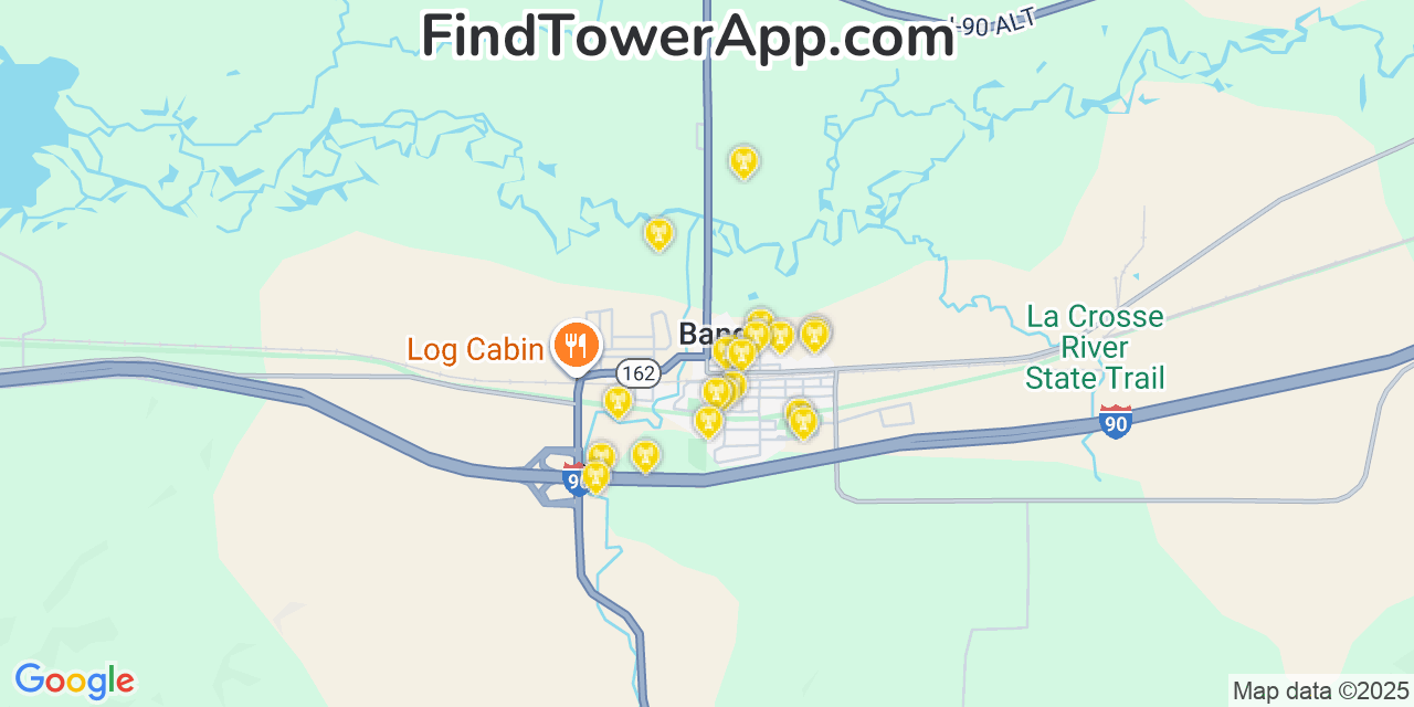 Map showing the 20 primary cell tower locations detected in Bangor, Wisconsin from AT&T, Verizon, and T-Mobile networks