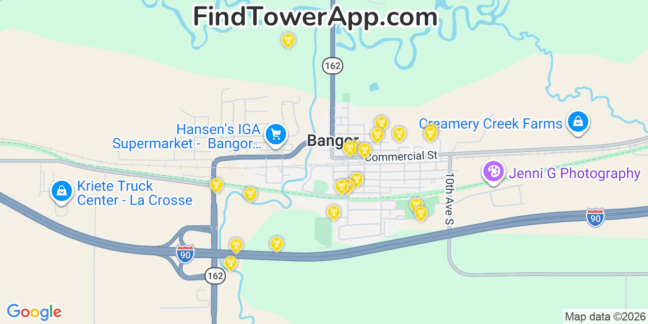 Map showing the 20 primary cell tower locations detected in Bangor, Wisconsin from AT&T, Verizon, and T-Mobile networks