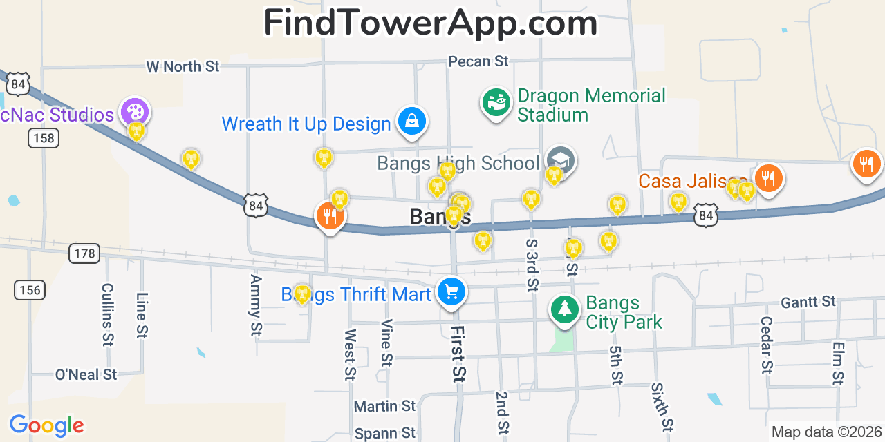 Map showing the 20 primary cell tower locations detected in Bangs, Texas from AT&T, Verizon, and T-Mobile networks
