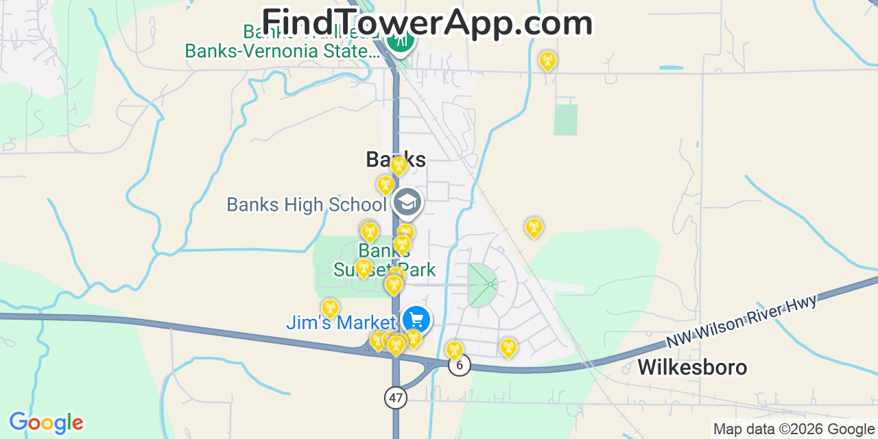 Map showing the 20 primary cell tower locations detected in Banks, Oregon from AT&T, Verizon, and T-Mobile networks