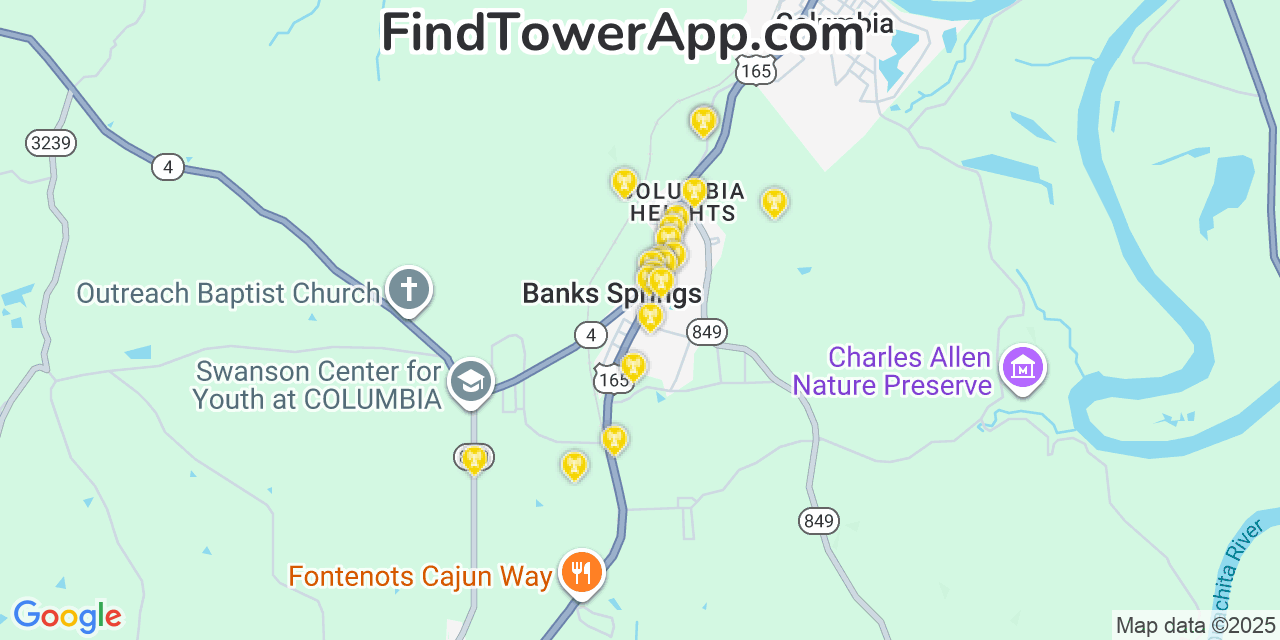 Map showing the 20 primary cell tower locations detected in Banks Springs, Louisiana from AT&T, Verizon, and T-Mobile networks