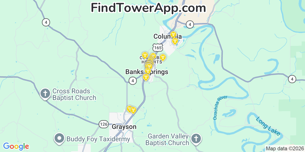 Map showing the 20 primary cell tower locations detected in Banks Springs, Louisiana from AT&T, Verizon, and T-Mobile networks