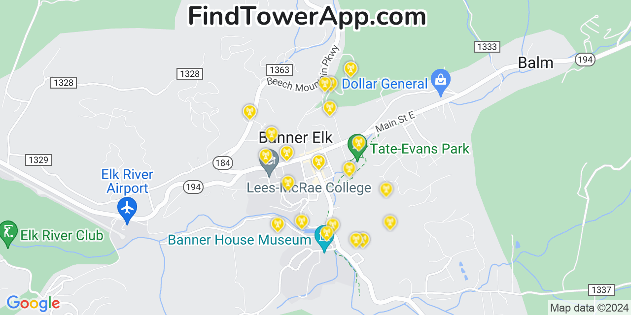 AT&T 4G/5G cell tower coverage map Banner Elk, North Carolina