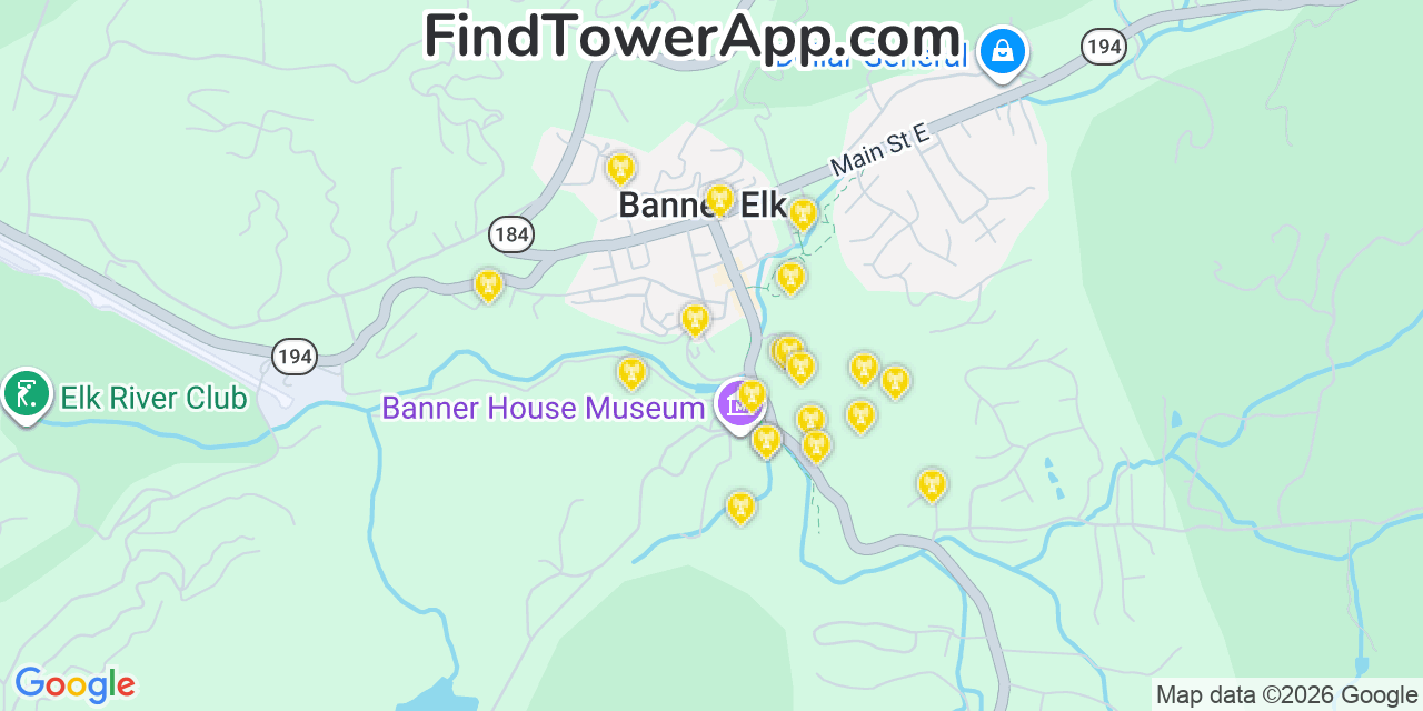 Map showing the 20 primary cell tower locations detected in Banner Elk, North Carolina from AT&T, Verizon, and T-Mobile networks