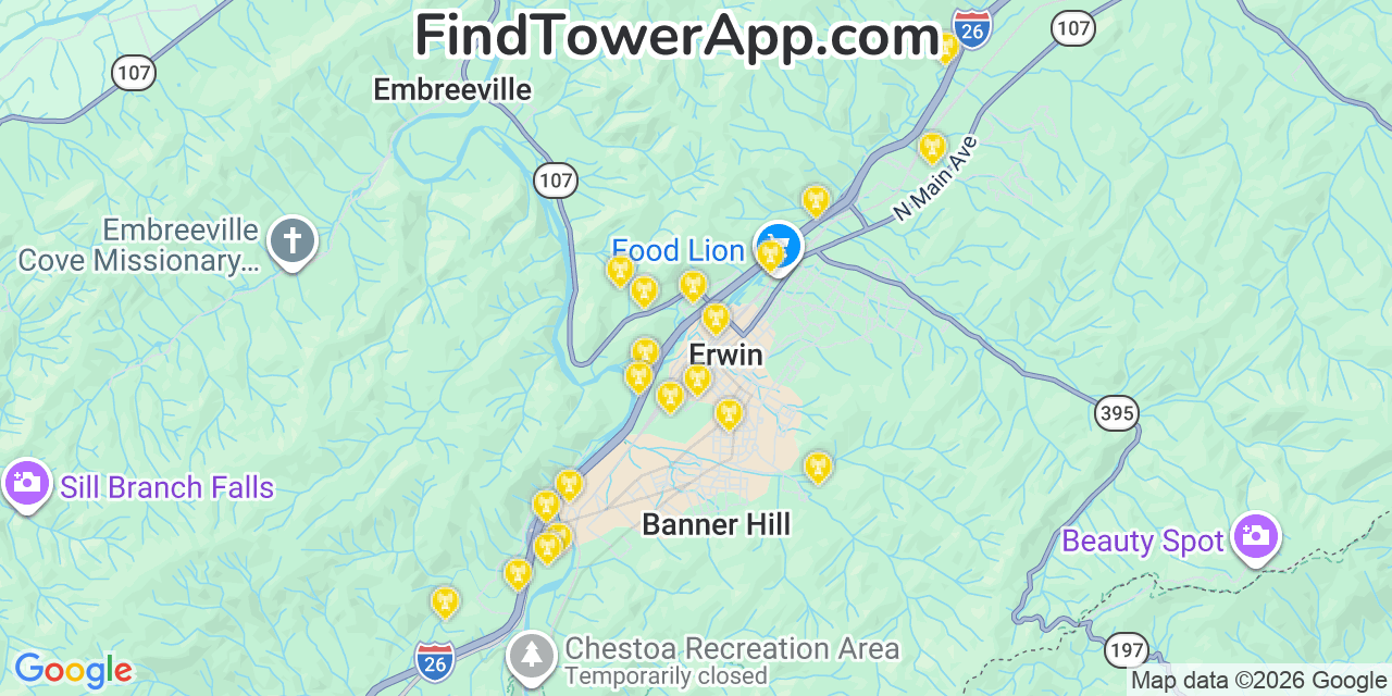 Map showing the 20 primary cell tower locations detected in Banner Hill, Tennessee from AT&T, Verizon, and T-Mobile networks