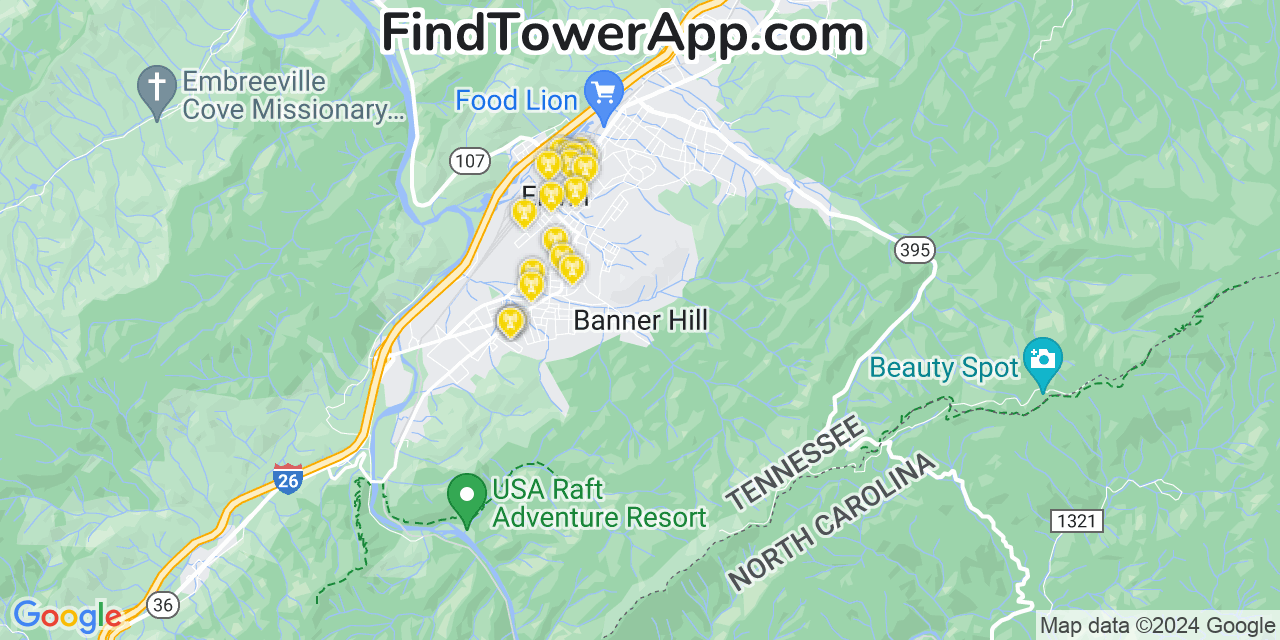 Verizon 4G/5G cell tower coverage map Banner Hill, Tennessee