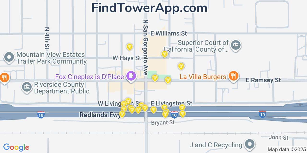 Map showing the 20 primary cell tower locations detected in Banning, California from AT&T, Verizon, and T-Mobile networks