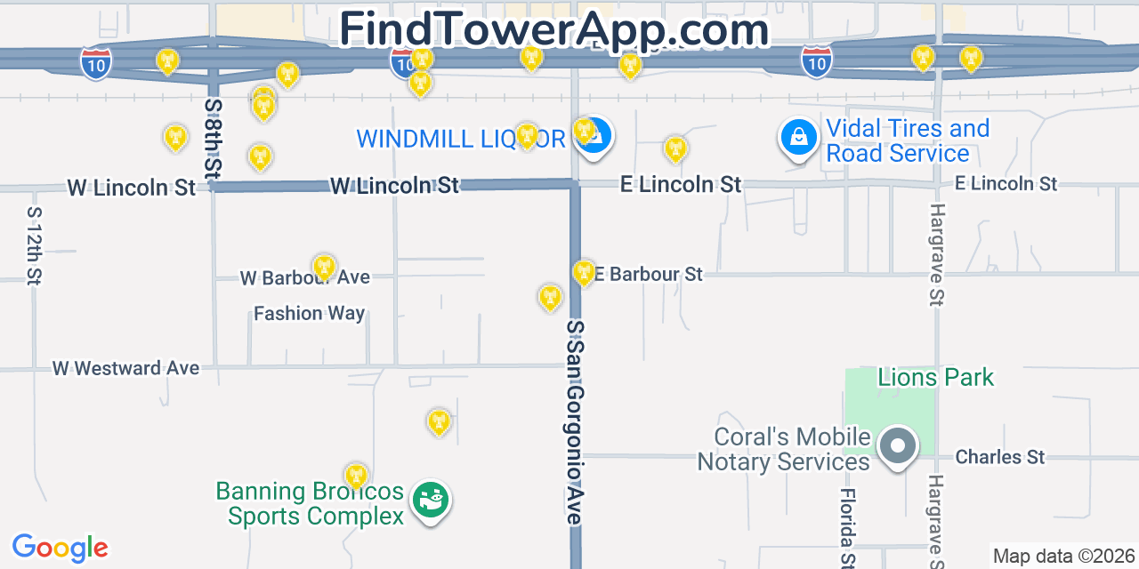 Map showing the 20 primary cell tower locations detected in Banning, California from AT&T, Verizon, and T-Mobile networks