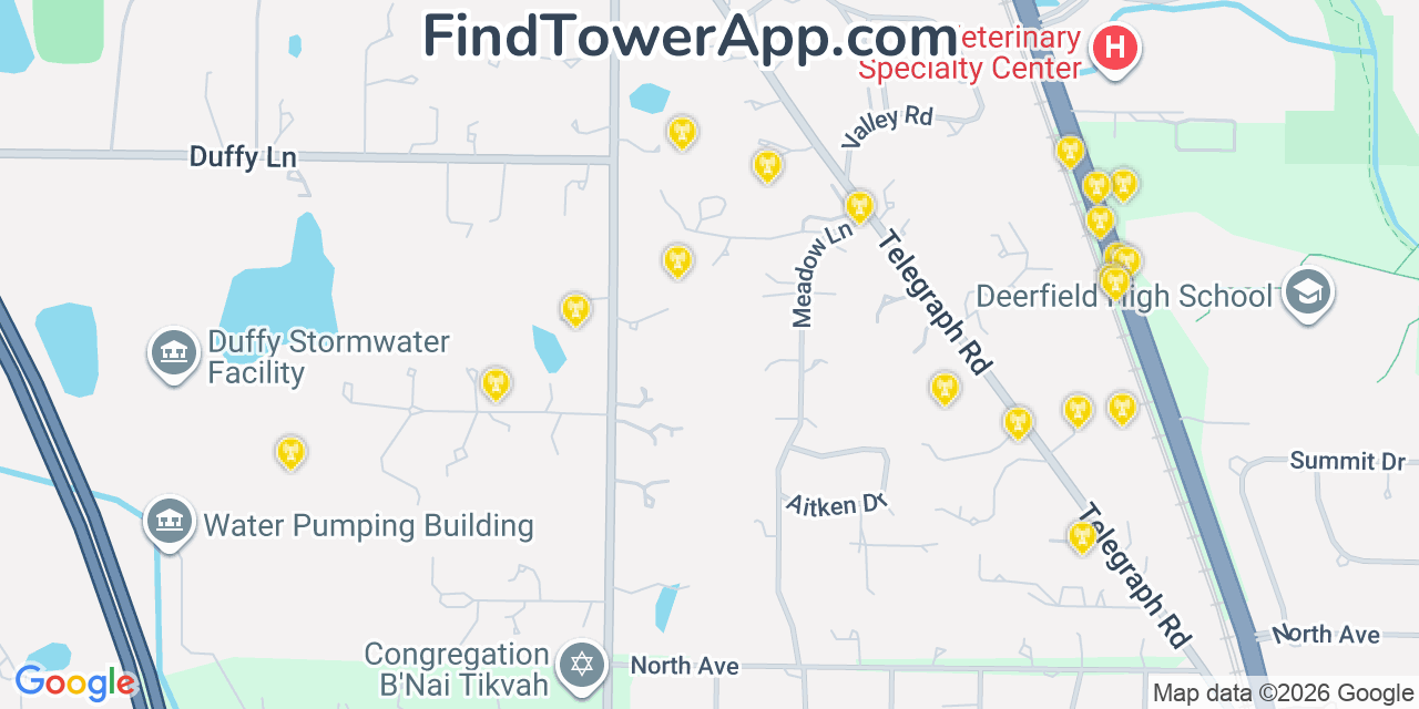 Map showing the 20 primary cell tower locations detected in Bannockburn, Illinois from AT&T, Verizon, and T-Mobile networks