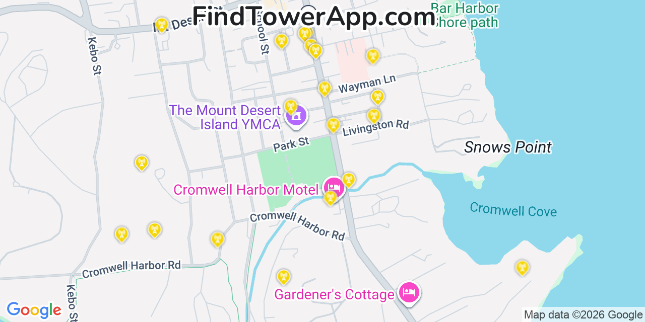 Map showing the 20 primary cell tower locations detected in Bar Harbor, Maine from AT&T, Verizon, and T-Mobile networks