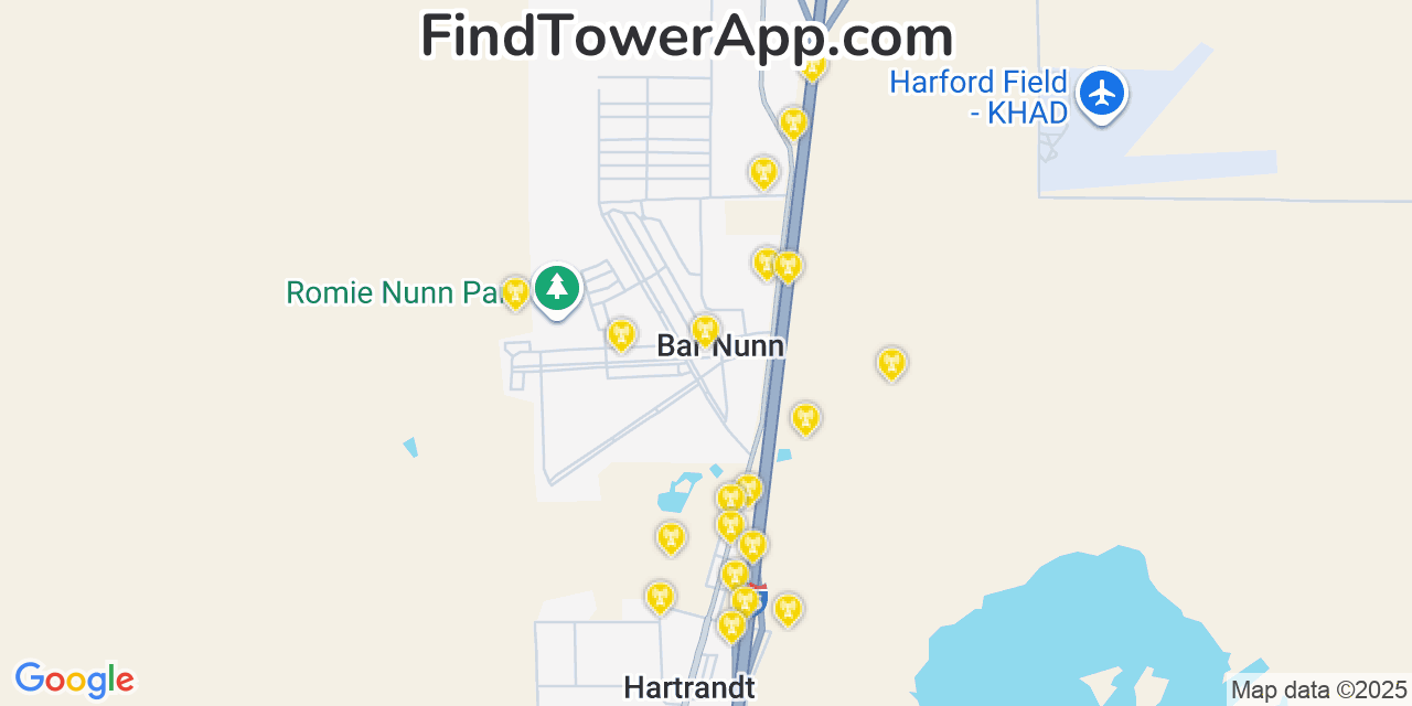 Map showing the 20 primary cell tower locations detected in Bar Nunn, Wyoming from AT&T, Verizon, and T-Mobile networks