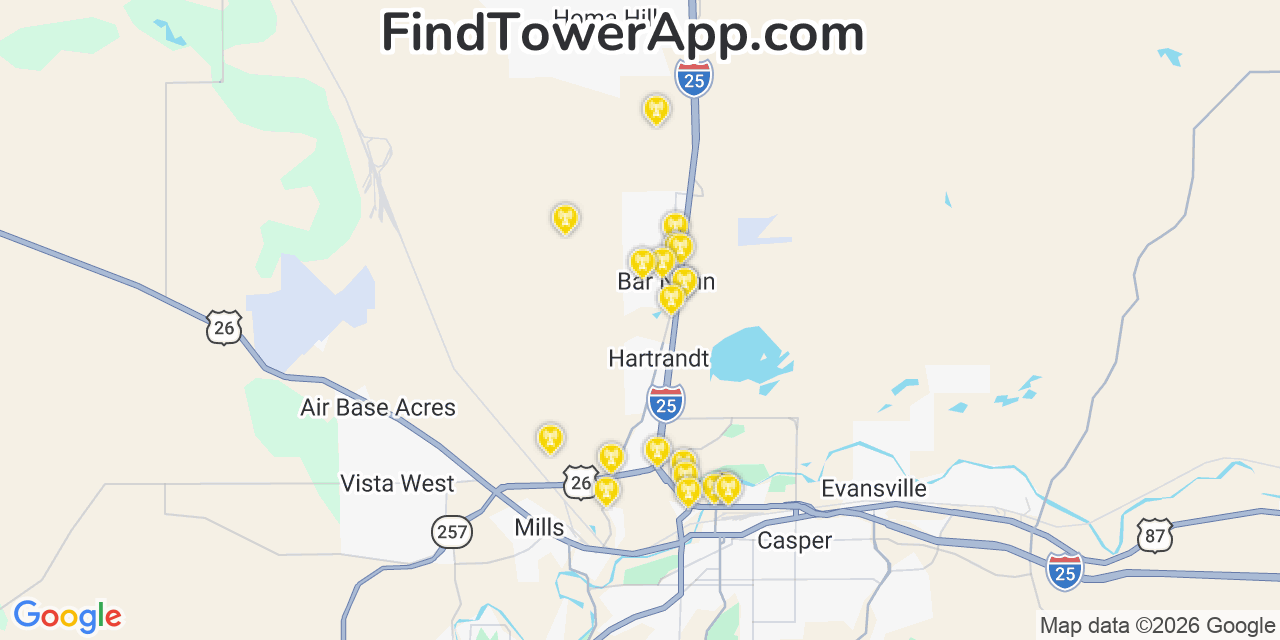 Map showing the 20 primary cell tower locations detected in Bar Nunn, Wyoming from AT&T, Verizon, and T-Mobile networks