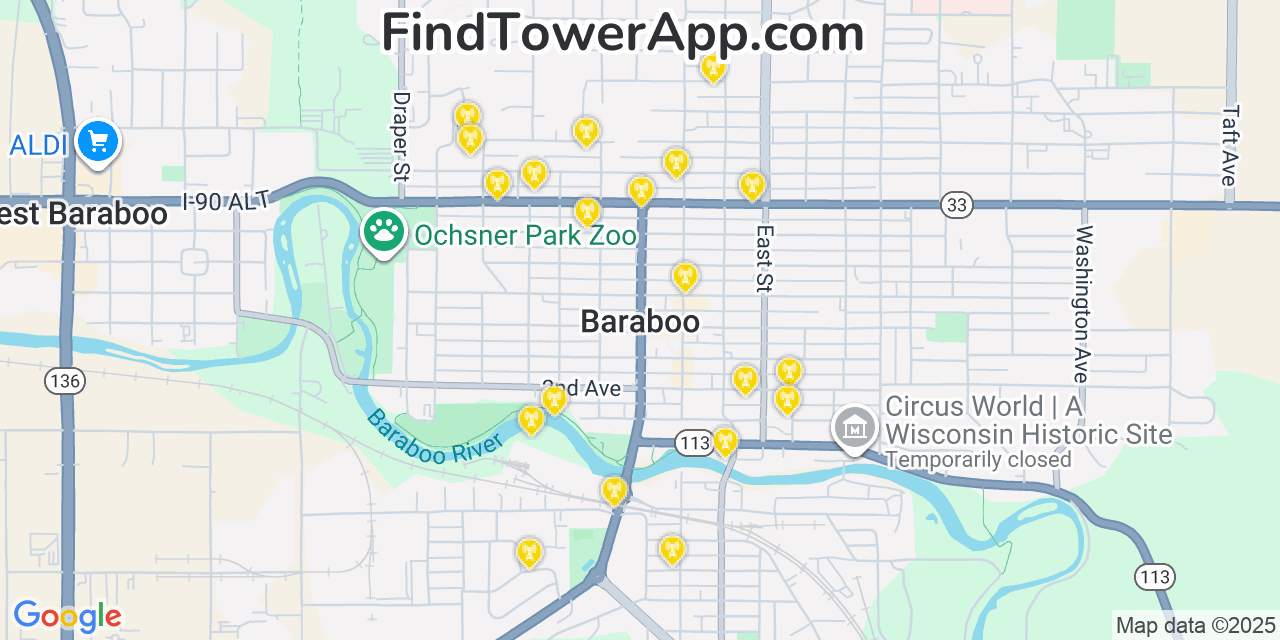 Map showing the 20 primary cell tower locations detected in Baraboo, Wisconsin from AT&T, Verizon, and T-Mobile networks