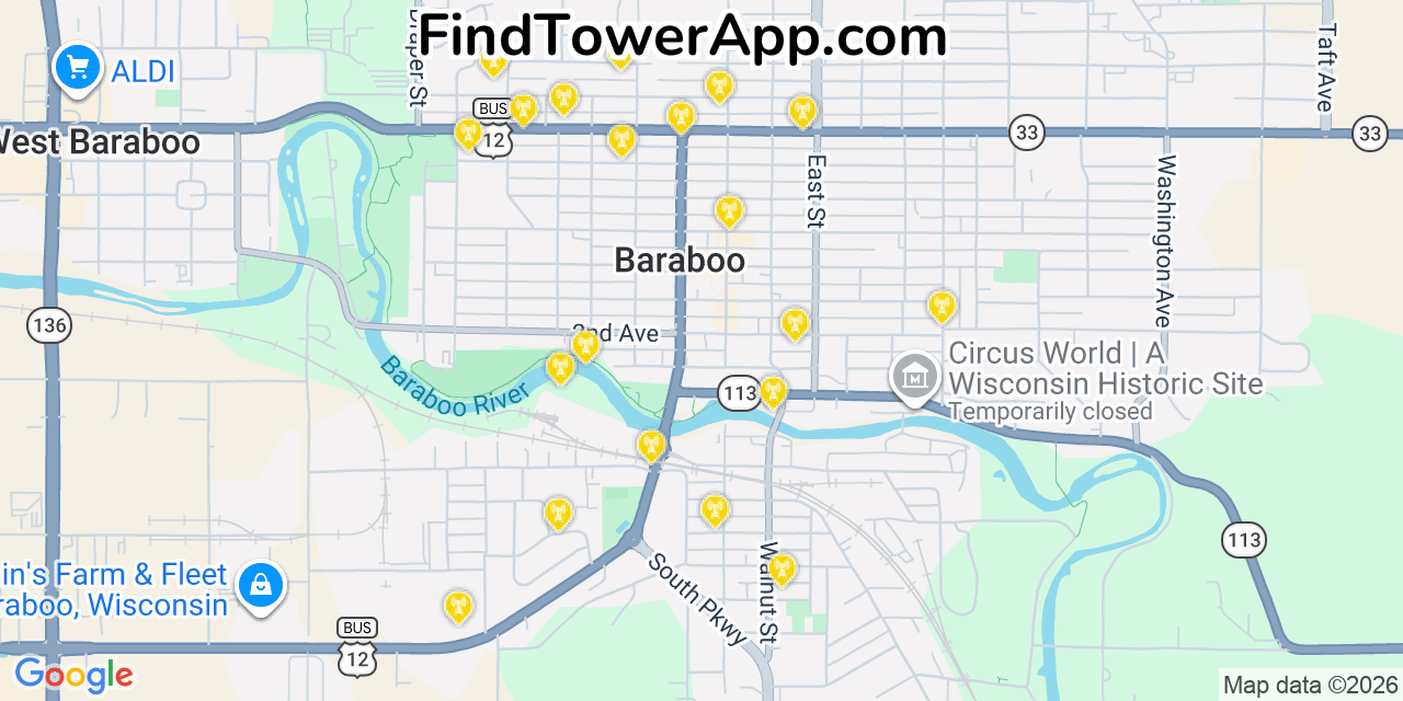 Map showing the 20 primary cell tower locations detected in Baraboo, Wisconsin from AT&T, Verizon, and T-Mobile networks