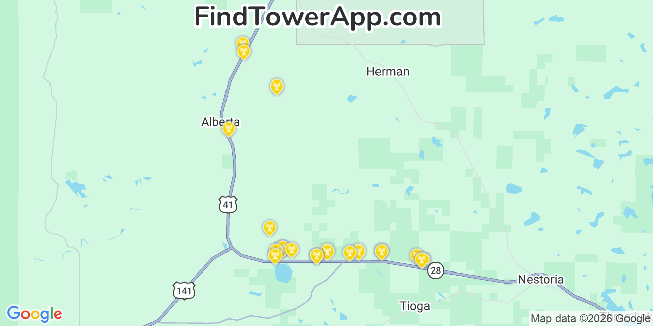 Map showing the 20 primary cell tower locations detected in Baraga, Michigan from AT&T, Verizon, and T-Mobile networks
