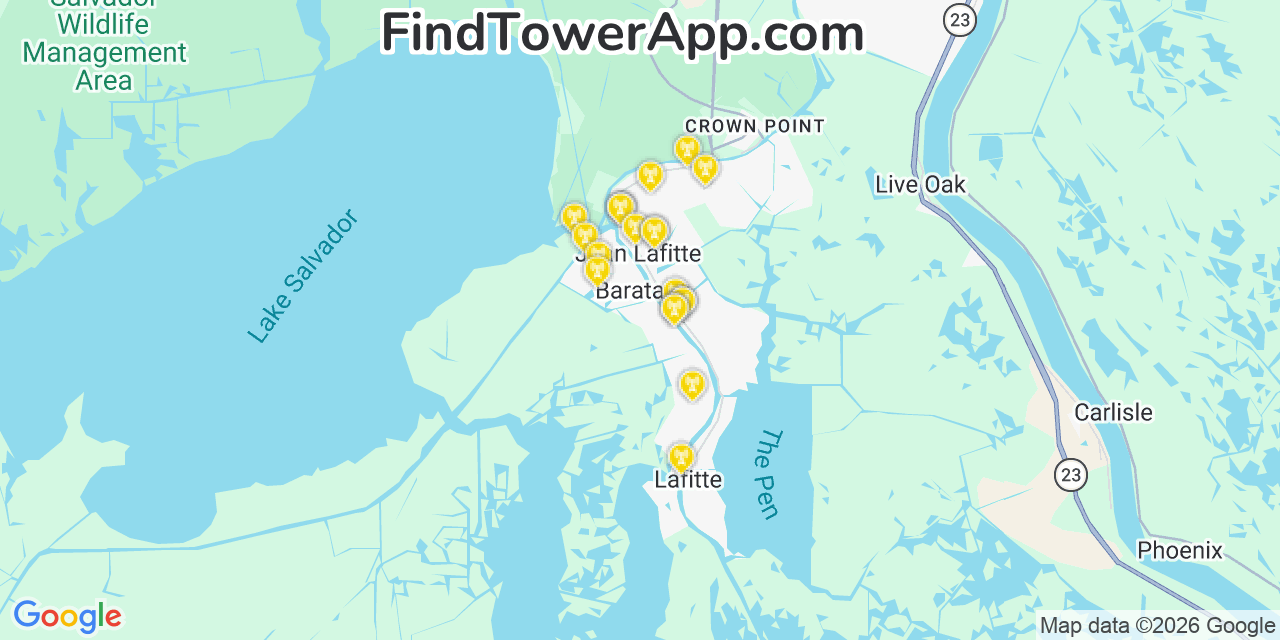 Map showing the 20 primary cell tower locations detected in Barataria, Louisiana from AT&T, Verizon, and T-Mobile networks