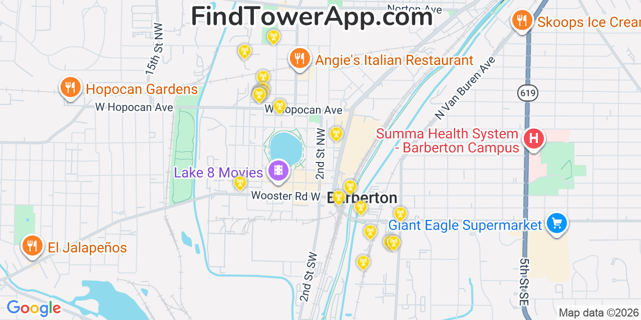 Map showing the 20 primary cell tower locations detected in Barberton, Ohio from AT&T, Verizon, and T-Mobile networks