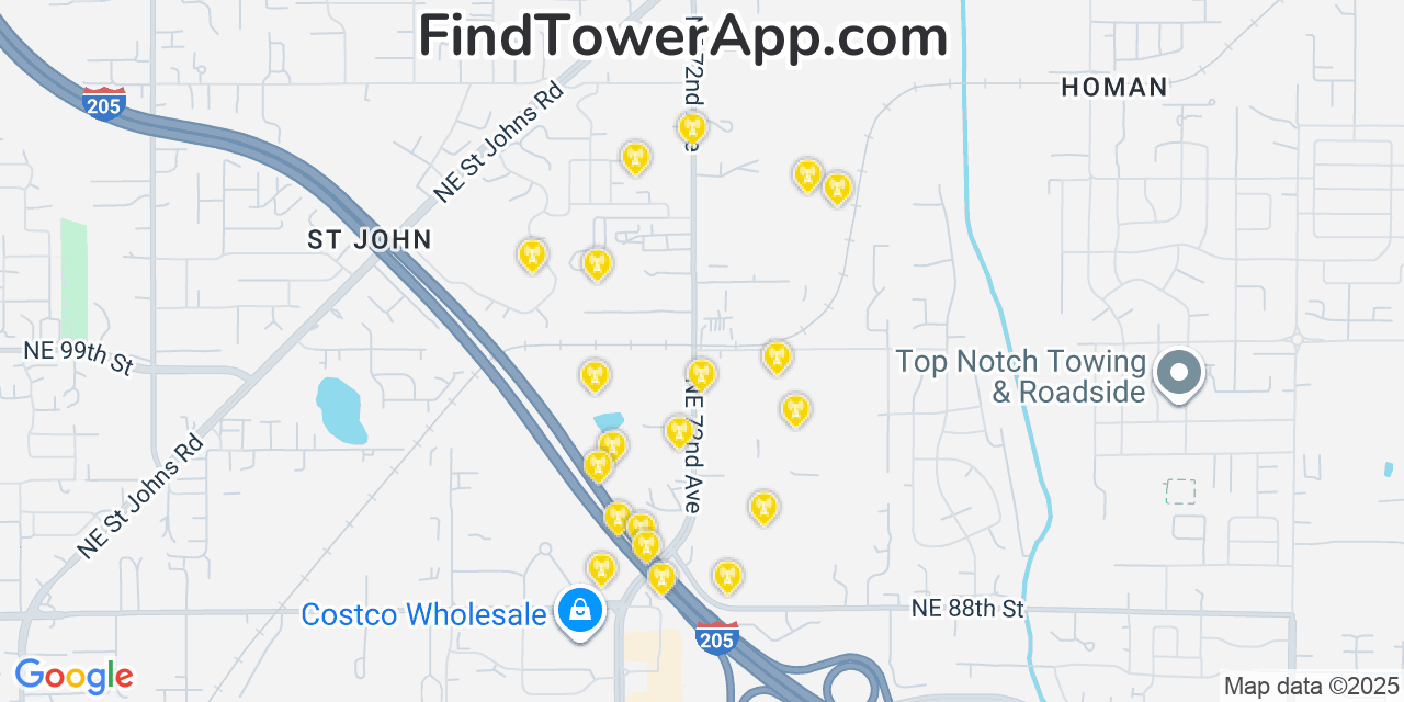 Map showing the 20 primary cell tower locations detected in Barberton, Washington from AT&T, Verizon, and T-Mobile networks