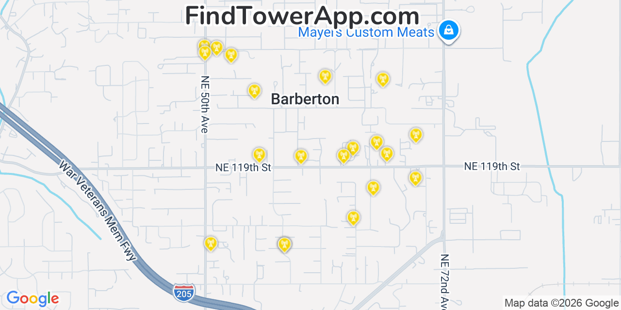 Map showing the 20 primary cell tower locations detected in Barberton, Washington from AT&T, Verizon, and T-Mobile networks