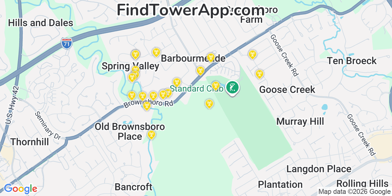 Map showing the 20 primary cell tower locations detected in Barbourmeade, Kentucky from AT&T, Verizon, and T-Mobile networks