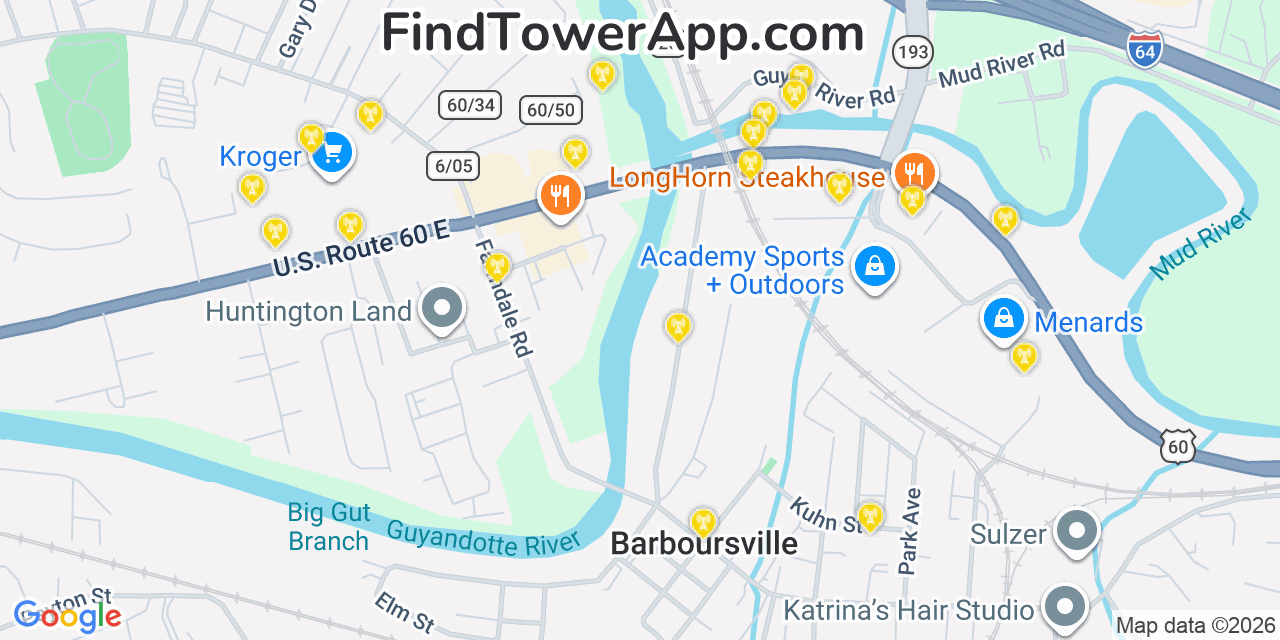 Map showing the 20 primary cell tower locations detected in Barboursville, West Virginia from AT&T, Verizon, and T-Mobile networks