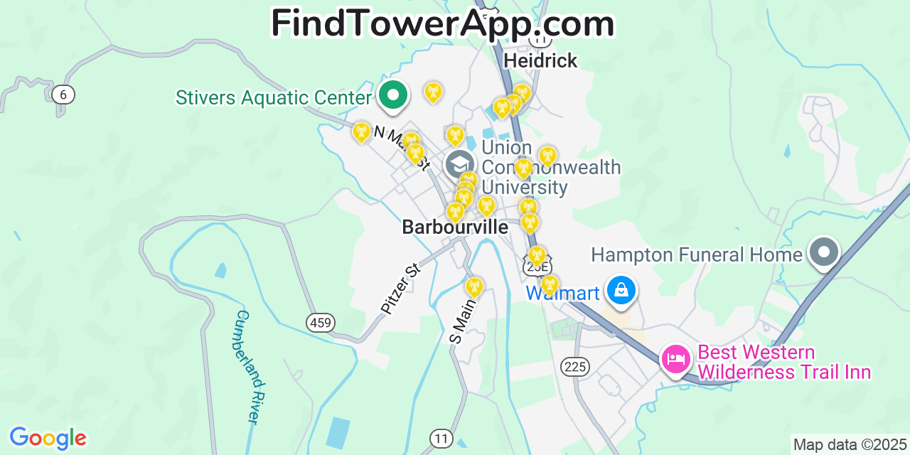 Map showing the 20 primary cell tower locations detected in Barbourville, Kentucky from AT&T, Verizon, and T-Mobile networks