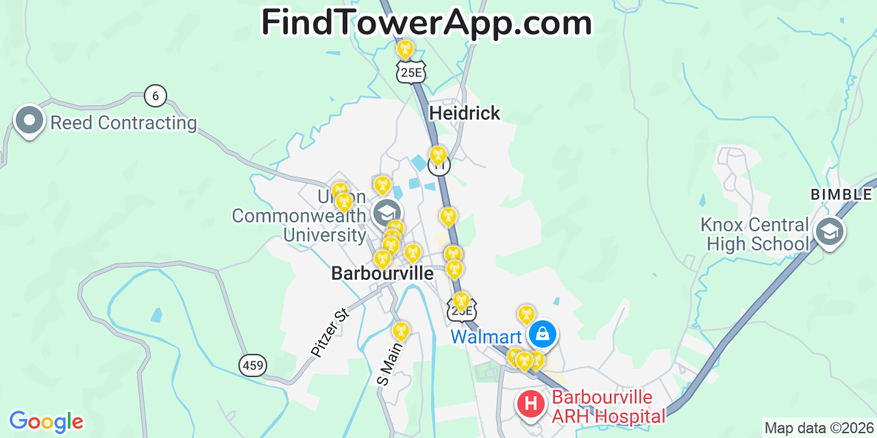 Map showing the 20 primary cell tower locations detected in Barbourville, Kentucky from AT&T, Verizon, and T-Mobile networks
