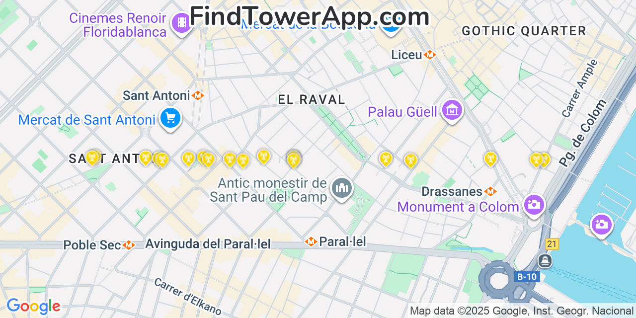 Map showing the 20 primary cell tower locations detected in Barcelona, Spain with coverage areas and signal strength
