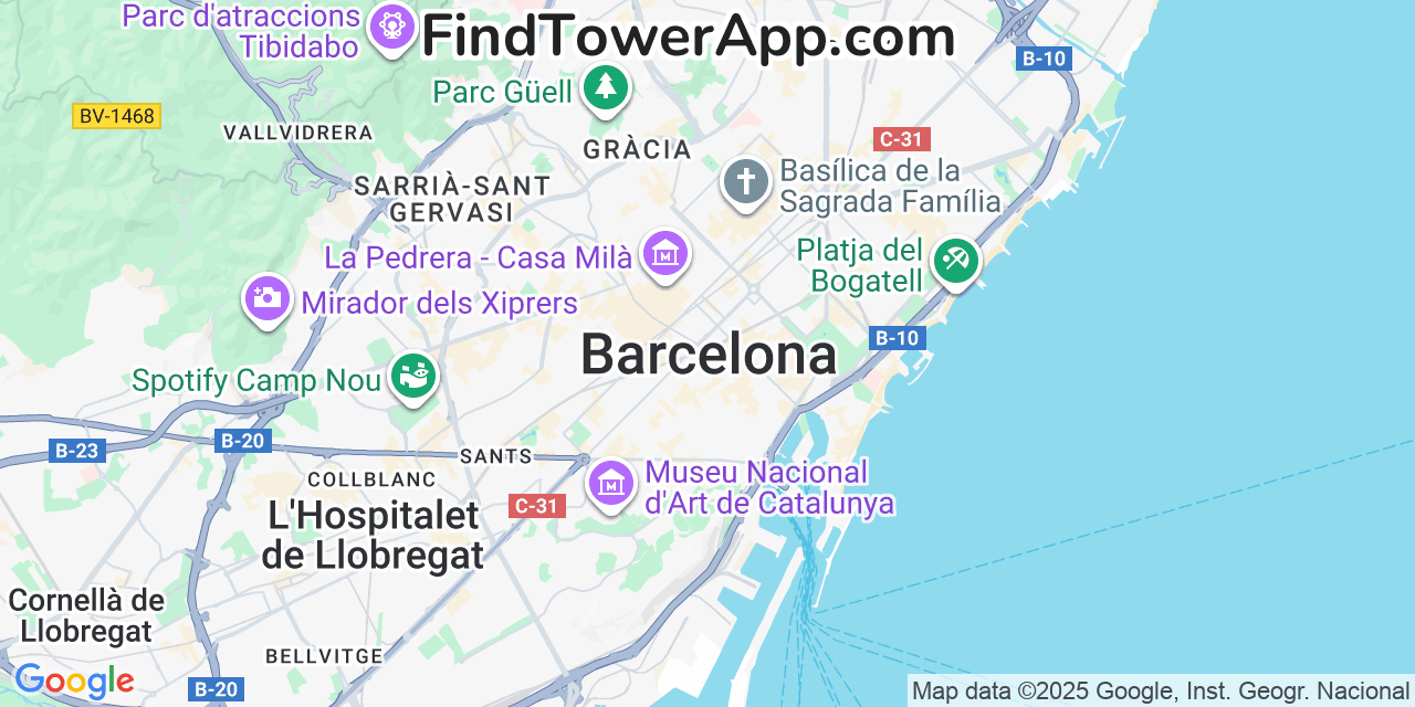 Map showing the 0 primary Movistar cell tower locations detected in Barcelona, Spain with coverage radius and signal strength indicators