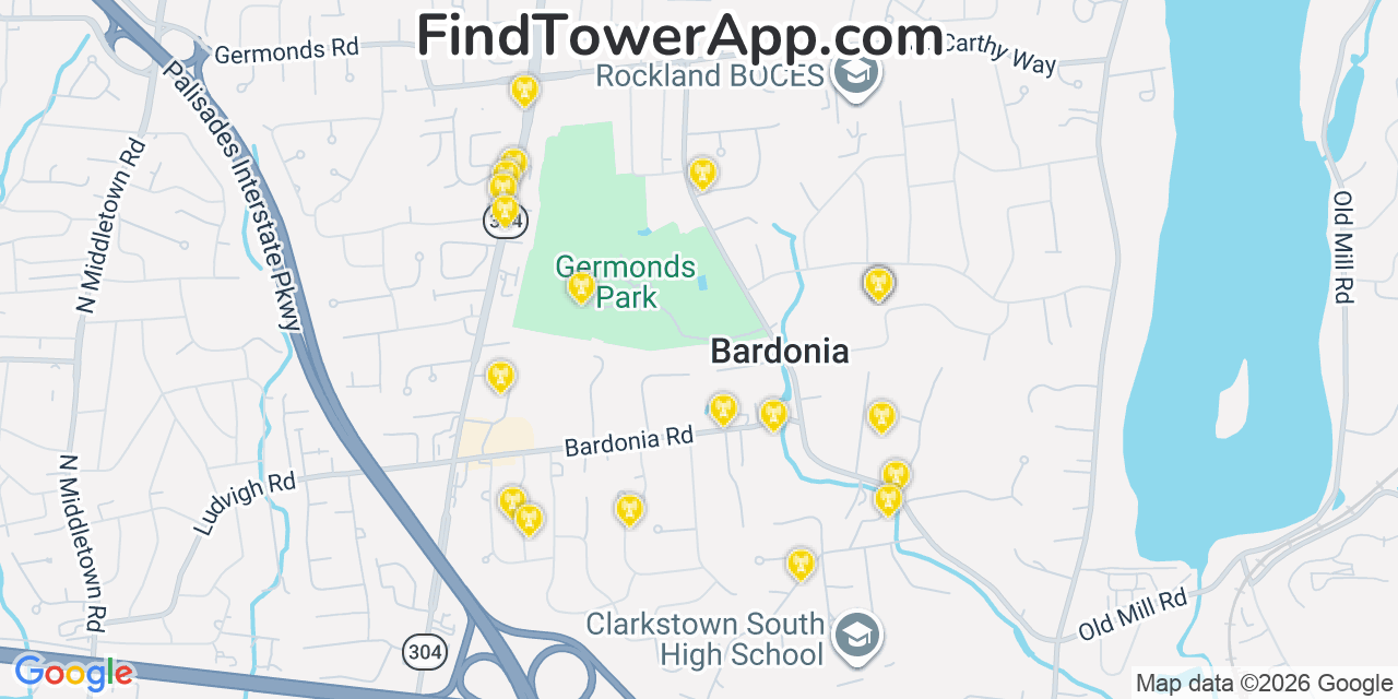 Map showing the 20 primary cell tower locations detected in Bardonia, New York from AT&T, Verizon, and T-Mobile networks