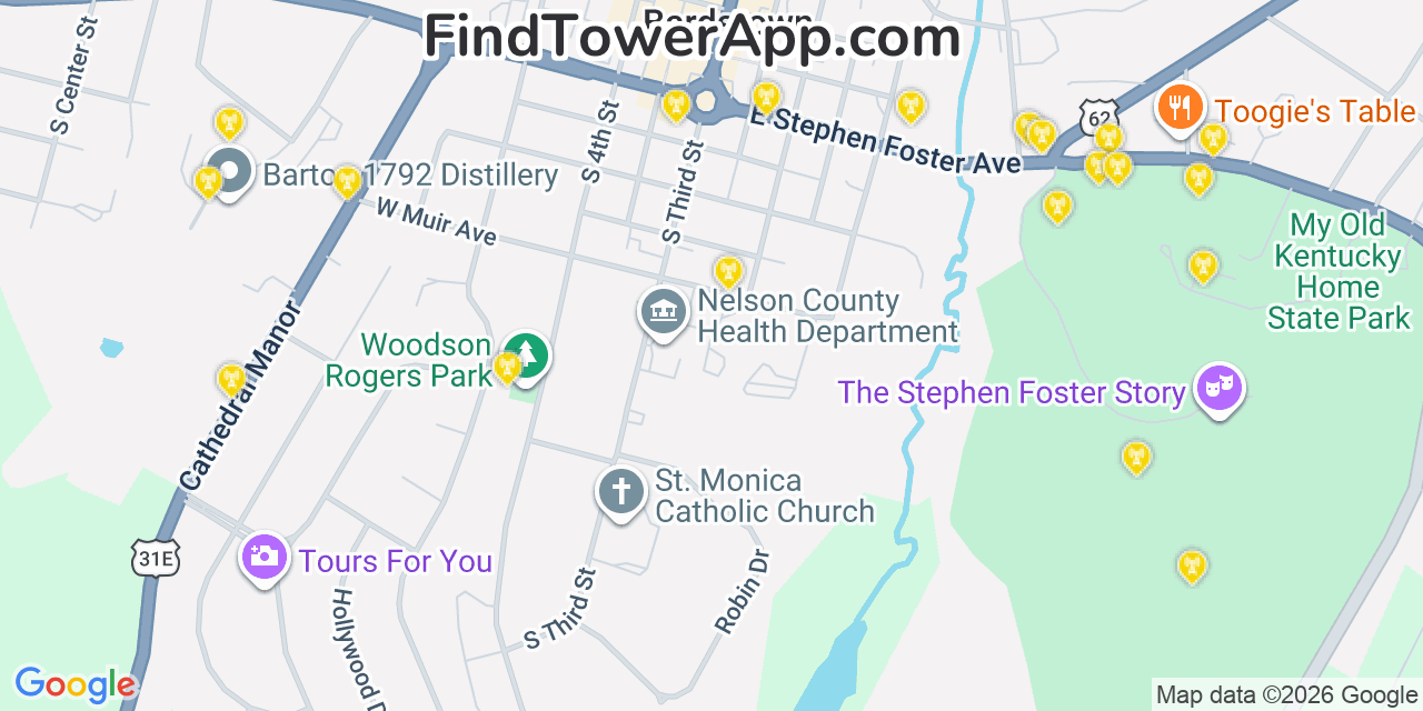 Map showing the 20 primary cell tower locations detected in Bardstown, Kentucky from AT&T, Verizon, and T-Mobile networks