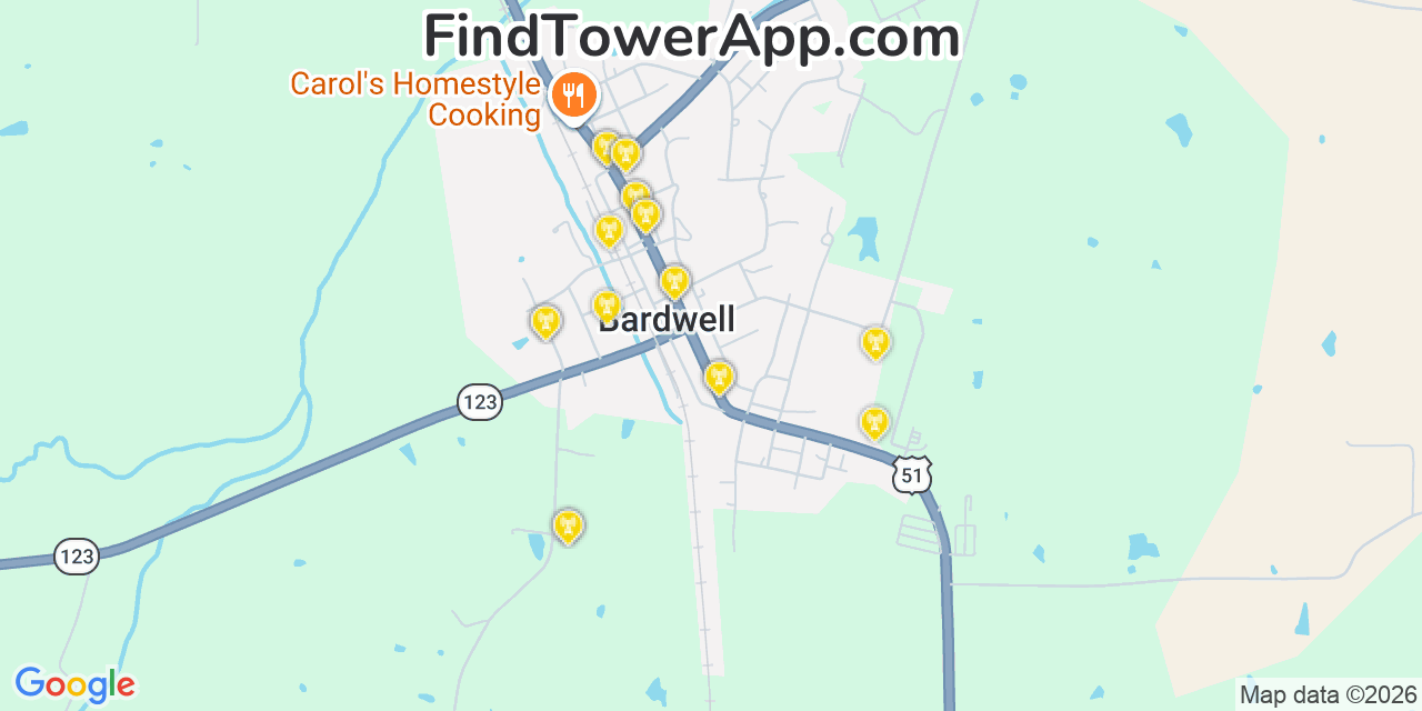 Map showing the 20 primary cell tower locations detected in Bardwell, Kentucky from AT&T, Verizon, and T-Mobile networks